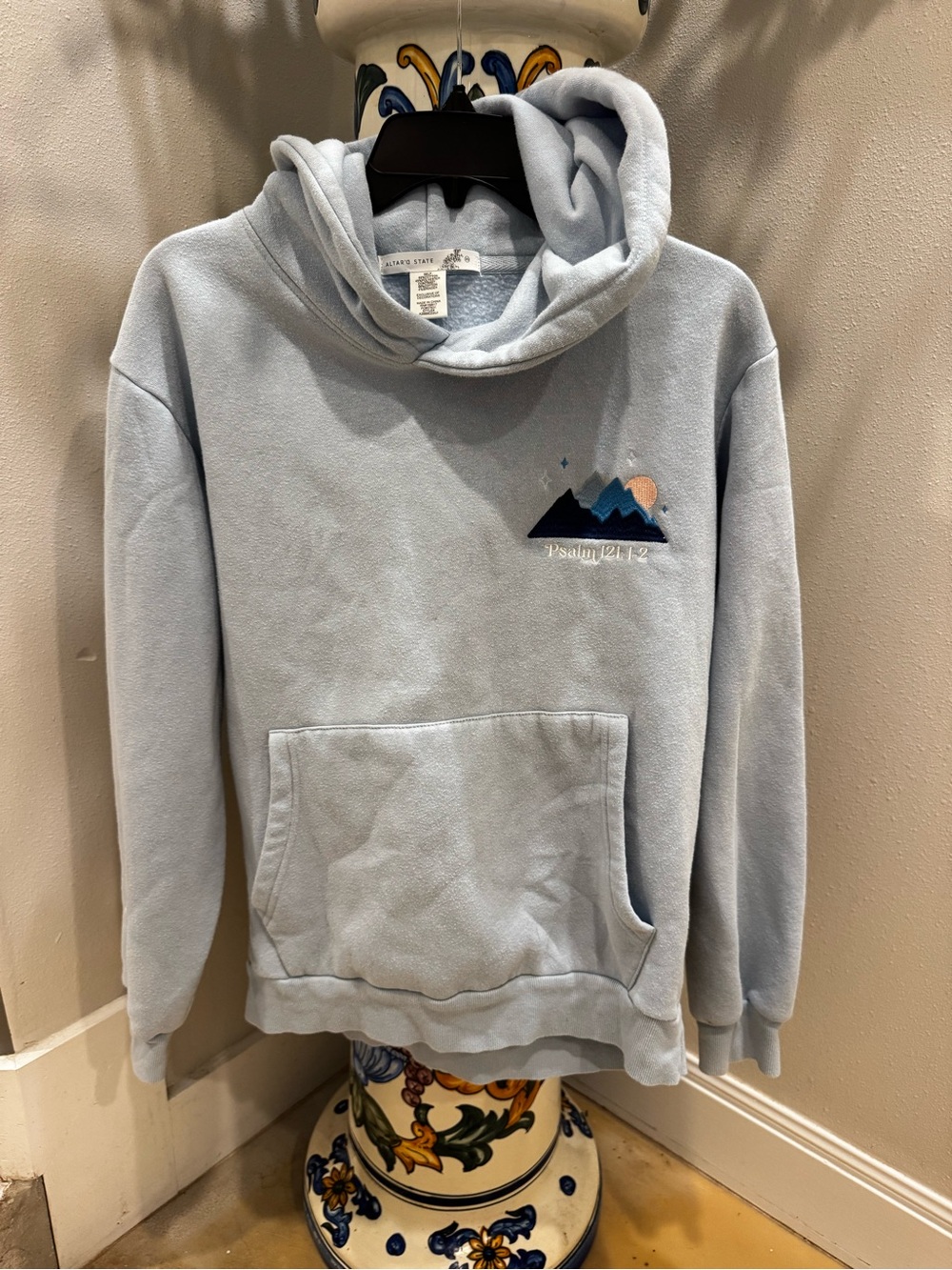 Altar'd State Light Blue Hooded Sweatshirt with Mountain Embroidery